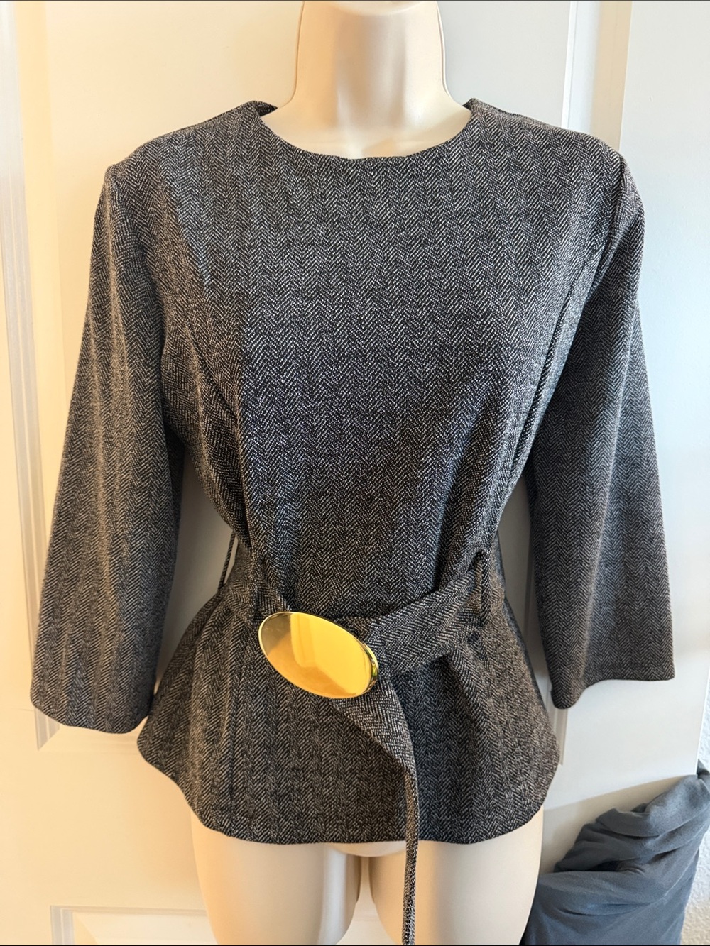 New- Zara- Grey Tweed Herringbone Belted Statement Top Sz - Large